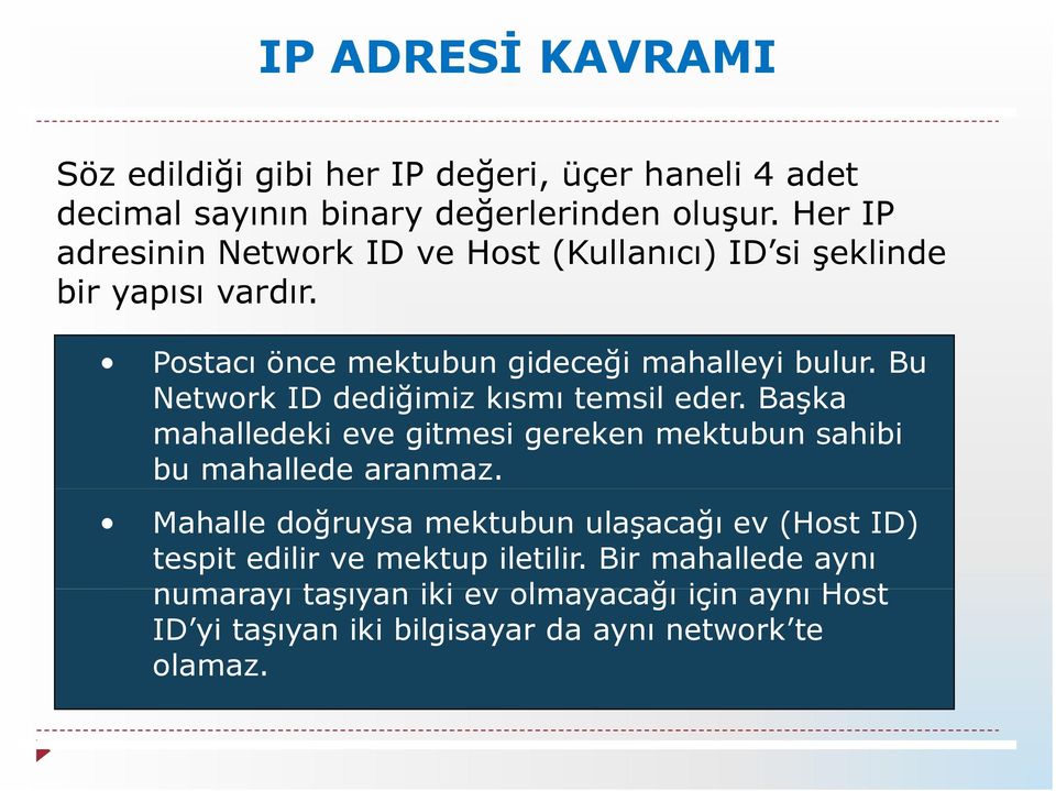 Bu Network ID dediğimiz diği i kısmı temsil eder. Başka mahalledeki eve gitmesi gereken mektubun sahibi bu mahallede aranmaz.