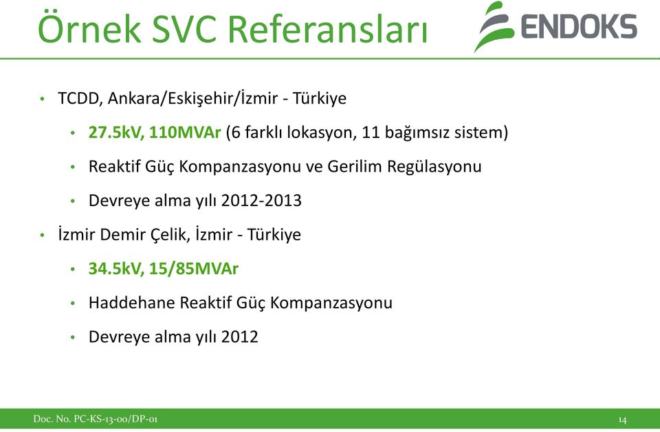 Kompanzasyonu ve Gerilim Regülasyonu Devreye alma yılı 2012-2013 İzmir Demir