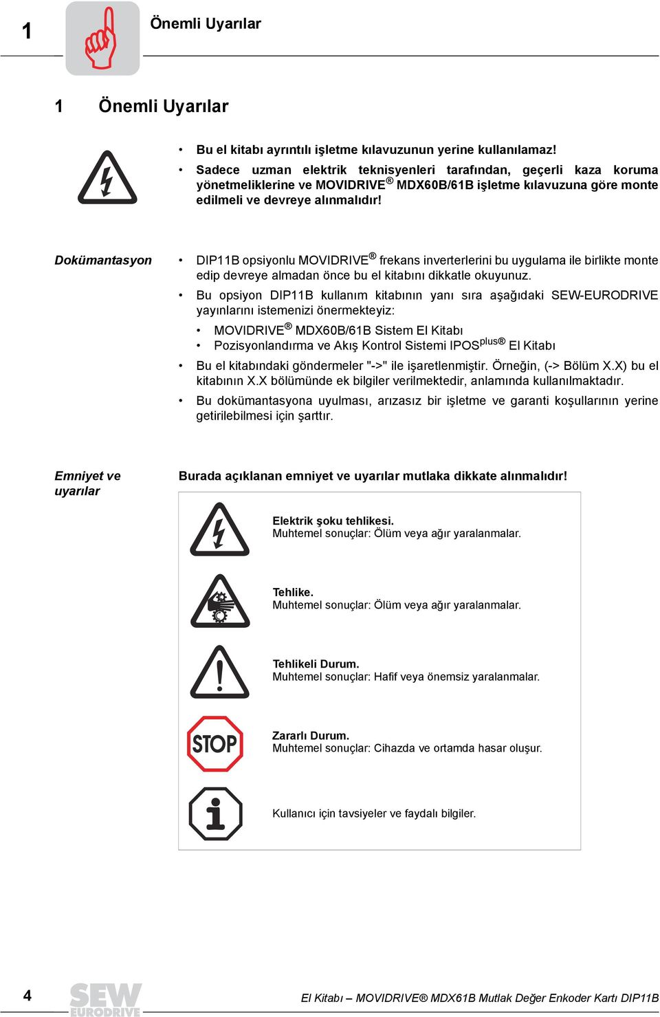 Dokümantasyon DIP11B opsiyonlu MOVIDRIVE frekans inverterlerini bu uygulama ile birlikte monte edip devreye almadan önce bu el kitabõnõ dikkatle okuyunuz.