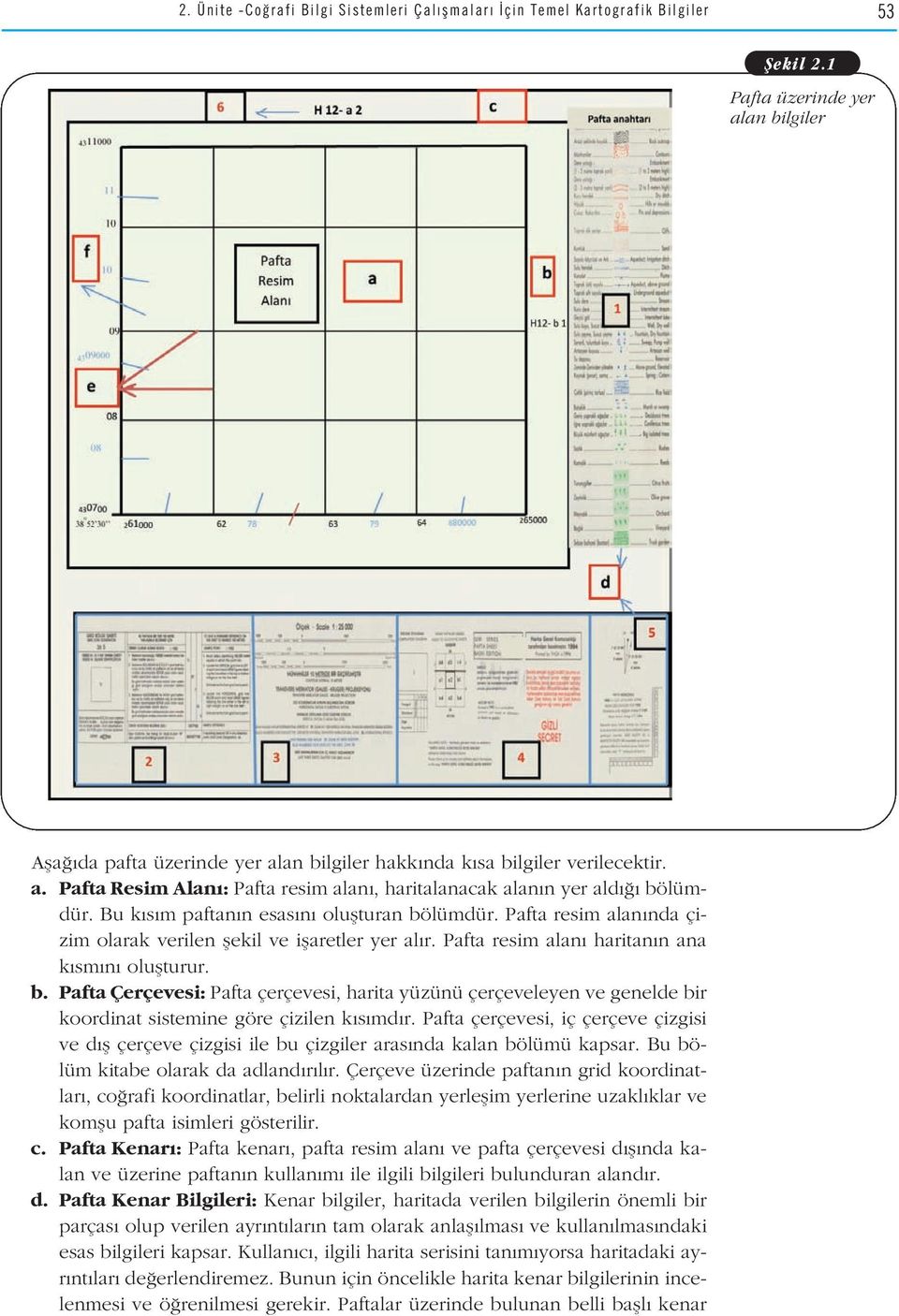 Bu k s m paftan n esas n oluflturan bölümdür. Pafta resim alan nda çizim olarak verilen flekil ve iflaretler yer al r. Pafta resim alan haritan n ana k sm n oluflturur. b. Pafta Çerçevesi: Pafta çerçevesi, harita yüzünü çerçeveleyen ve genelde bir koordinat sistemine göre çizilen k s md r.