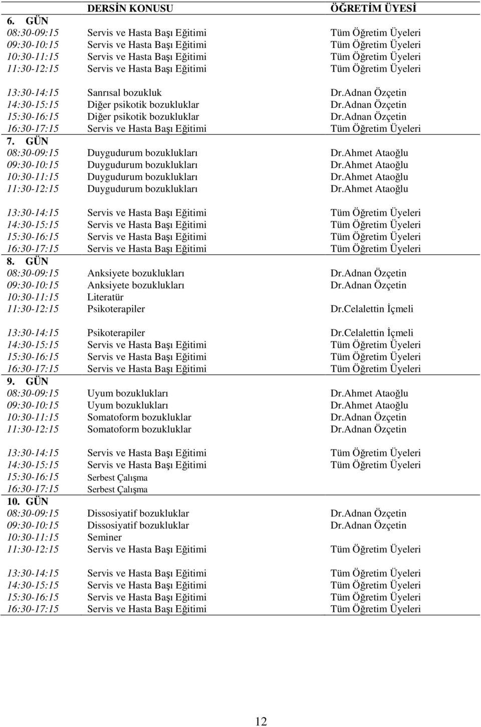 Servis ve Hasta Başı Eğitimi Tüm Öğretim Üyeleri 13:30-14:15 Sanrısal bozukluk Dr.Adnan Özçetin 14:30-15:15 Diğer psikotik bozukluklar Dr.Adnan Özçetin 15:30-16:15 Diğer psikotik bozukluklar Dr.