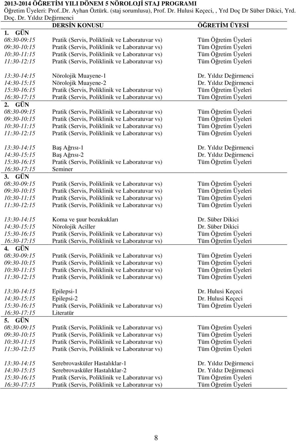 Yıldız Değirmenci 16:30-17:15 Seminer 3. GÜN 13:30-14:15 Koma ve şuur bozukukları Dr. Süber Dikici 14:30-15:15 Nörolojik Aciller Dr. Süber Dikici 4. GÜN 13:30-14:15 Epilepsi-1 Dr.