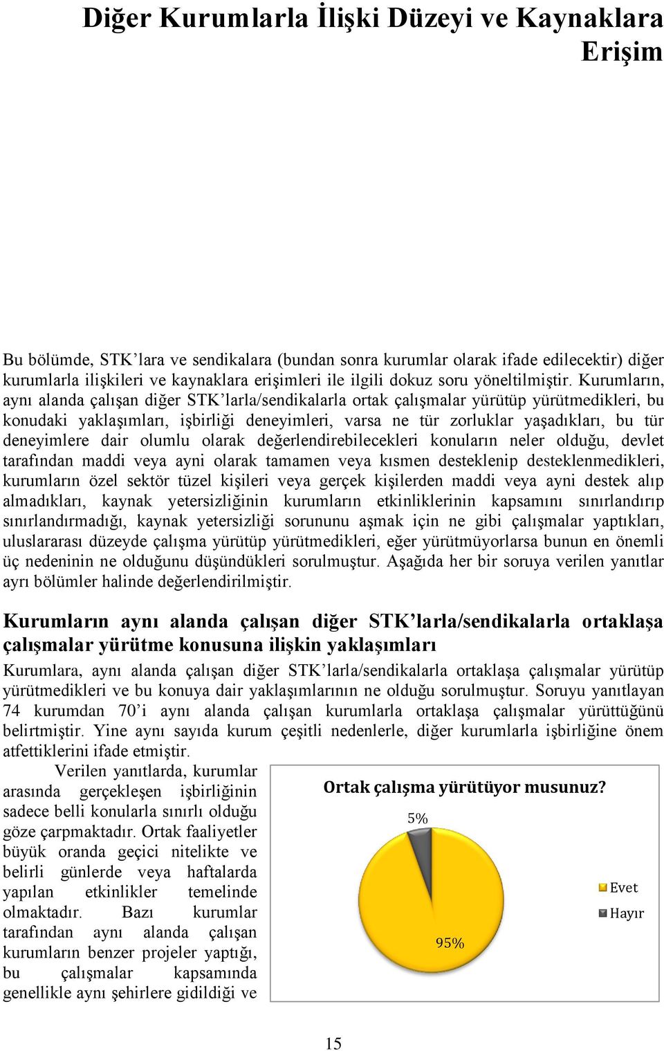 Kurumların, aynı alanda çalıģan diğer STK larla/sendikalarla ortak çalıģmalar yürütüp yürütmedikleri, bu konudaki yaklaģımları, iģbirliği deneyimleri, varsa ne tür zorluklar yaģadıkları, bu tür