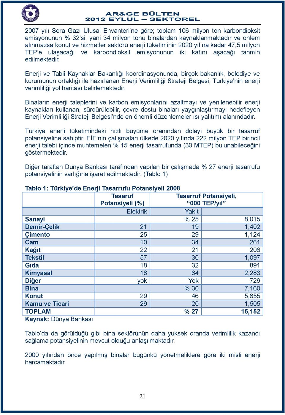 Enerji ve Tabii Kaynaklar Bakanlığı koordinasyonunda, birçok bakanlık, belediye ve kurumunun ortaklığı ile hazırlanan Enerji Verimliliği Strateji Belgesi, Türkiye nin enerji verimliliği yol haritası