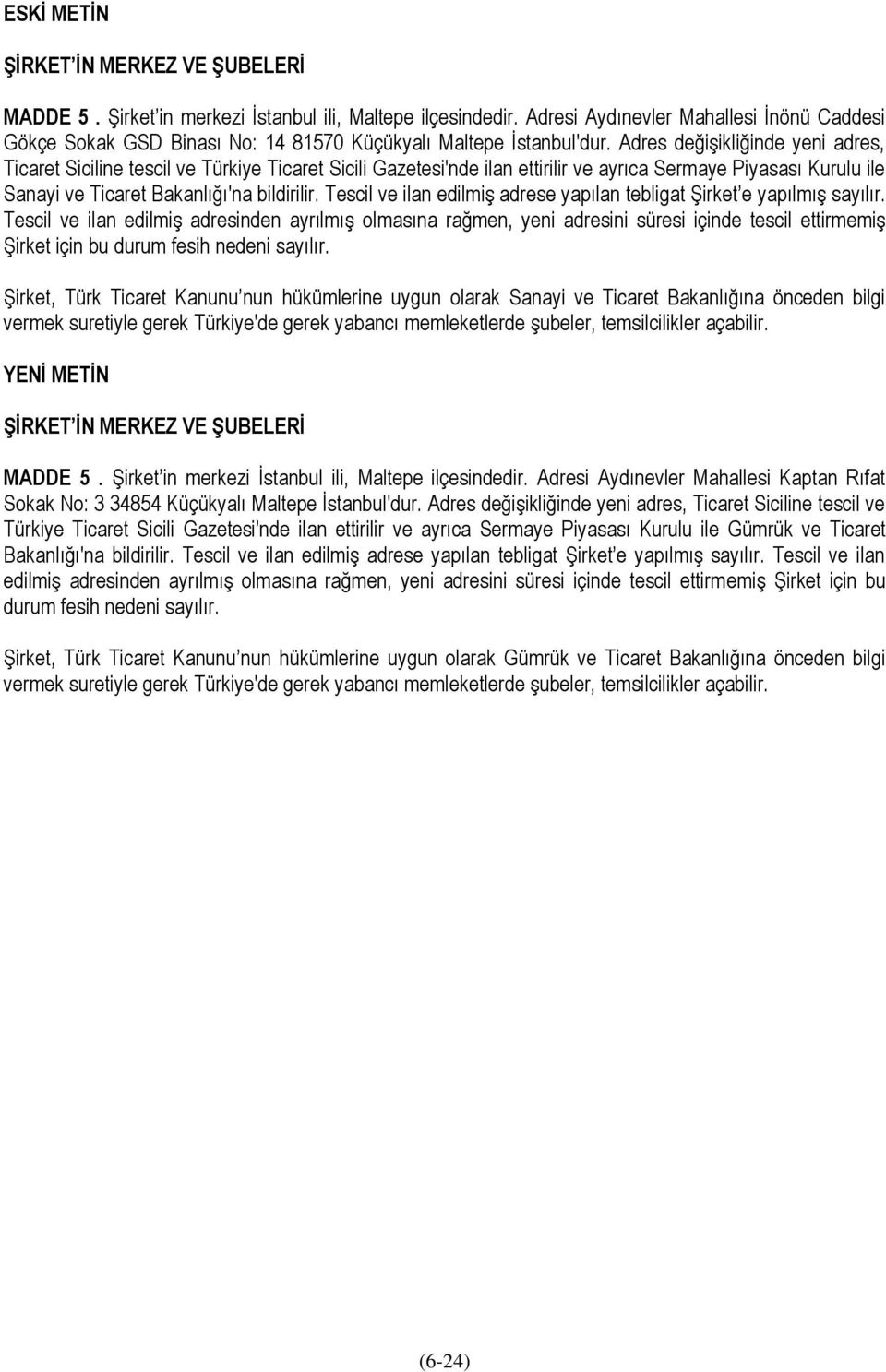 Adres değişikliğinde yeni adres, Ticaret Siciline tescil ve Türkiye Ticaret Sicili Gazetesi'nde ilan ettirilir ve ayrıca Sermaye Piyasası Kurulu ile Sanayi ve Ticaret Bakanlığı'na bildirilir.