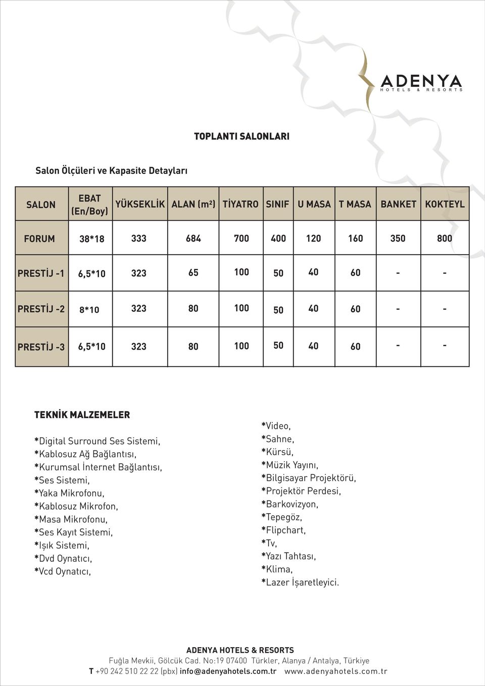 Sistemi, *Kablosuz Ağ Bağlantısı, *Kurumsal İnternet Bağlantısı, *Ses Sistemi, *Yaka Mikrofonu, *Kablosuz Mikrofon, *Masa Mikrofonu, *Ses Kayıt Sistemi, *Işık Sistemi, *Dvd