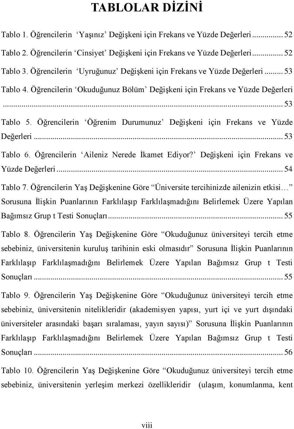 Öğrencilerin Öğrenim Durumunuz DeğiĢkeni için Frekans ve Yüzde Değerleri... 53 Tablo 6. Öğrencilerin Aileniz Nerede Ġkamet Ediyor? DeğiĢkeni için Frekans ve Yüzde Değerleri... 54 Tablo 7.