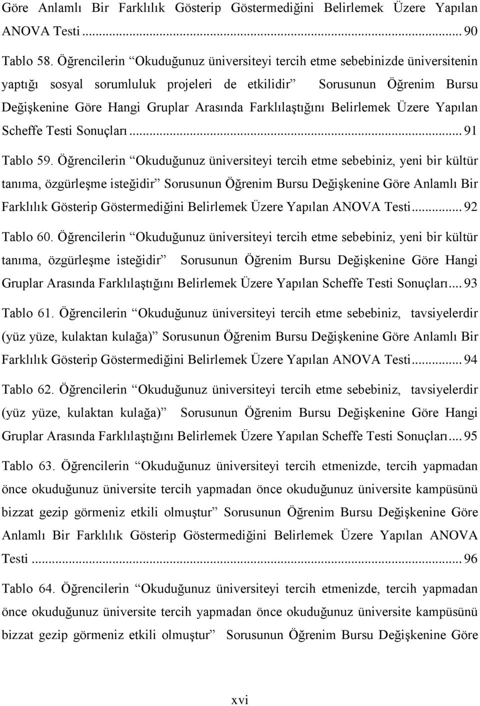 FarklılaĢtığını Belirlemek Üzere Yapılan Scheffe Testi Sonuçları... 91 Tablo 59.