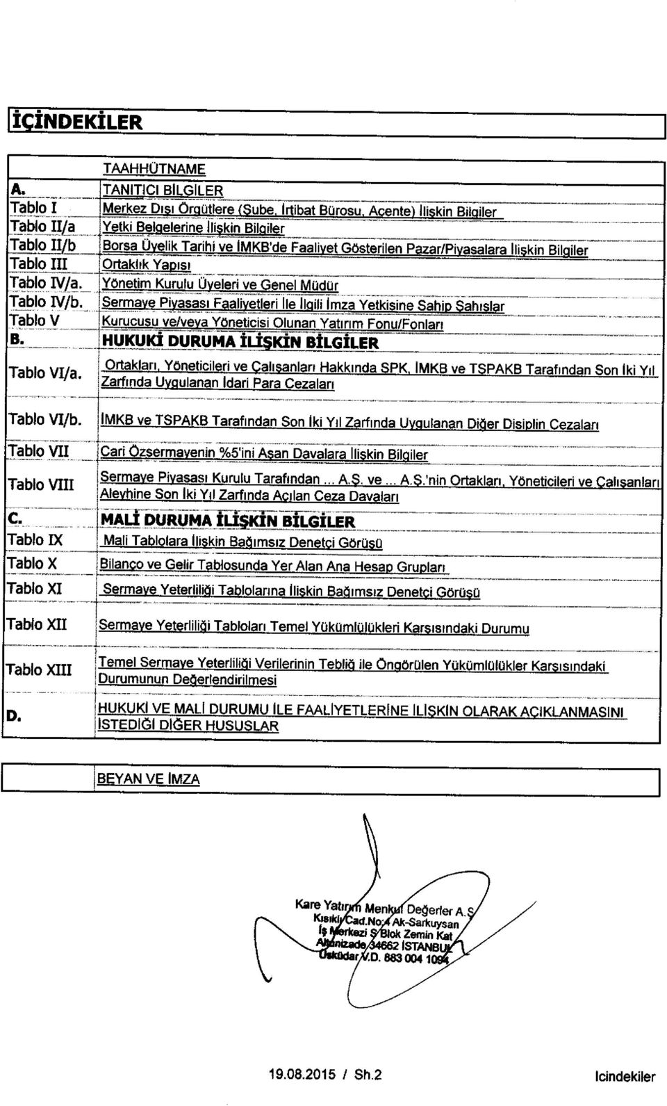 Gtlsterilen Pazar/Pivasalara Iliskin Bilgiler Tablo III Ortaklik YaDisi Tablo IV/a Yonetim Kurulu Uveleri ve Genel Mudur Tablo N/b Sermave Pivasasi Faalivetleri Ile Ilgili Imza Yetkisine Sahio