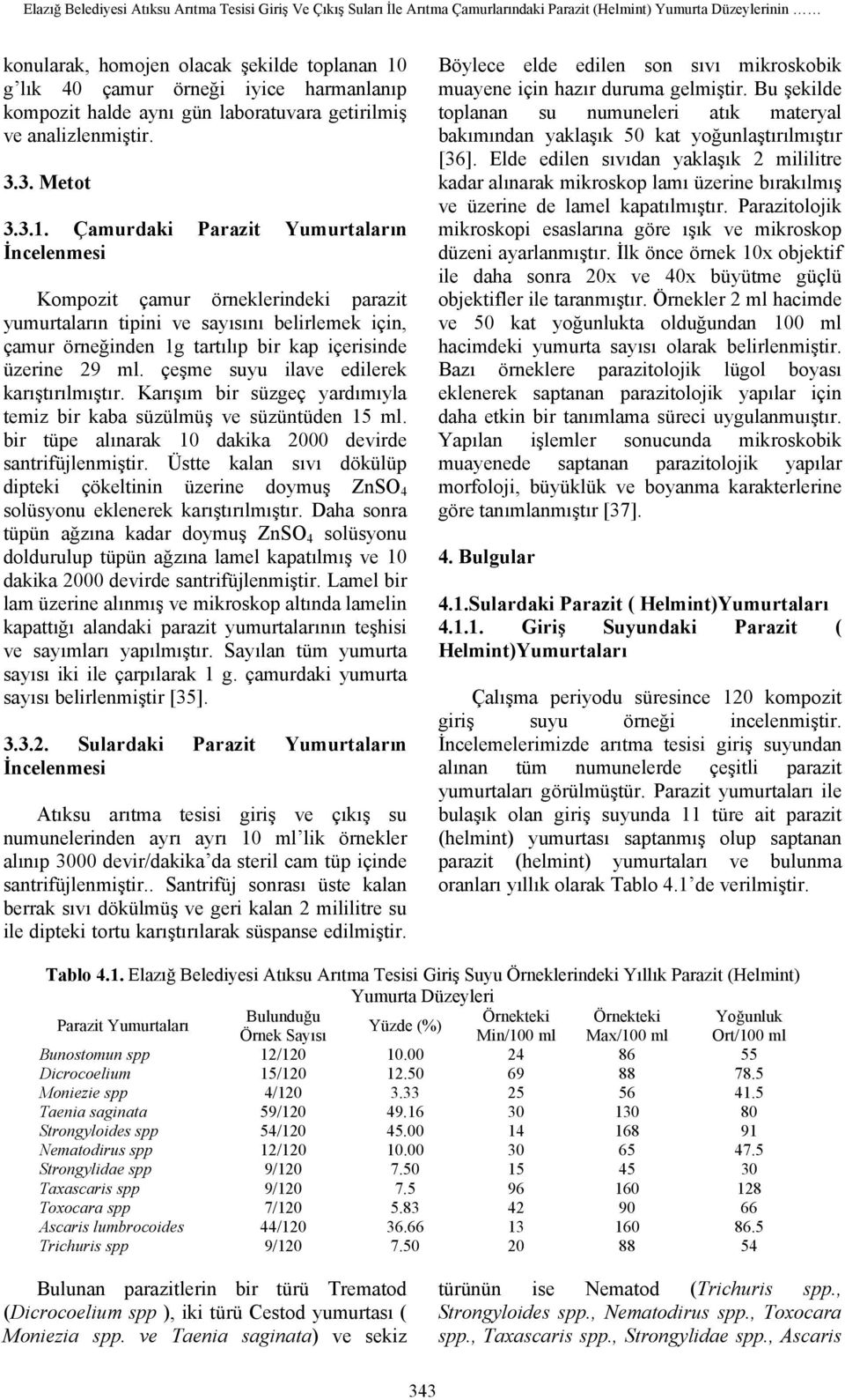 Çamurdaki Parazit Yumurtaların İncelenmesi Kompozit çamur örneklerindeki parazit yumurtaların tipini ve sayısını belirlemek için, çamur örneğinden 1g tartılıp bir kap içerisinde üzerine 29 ml.