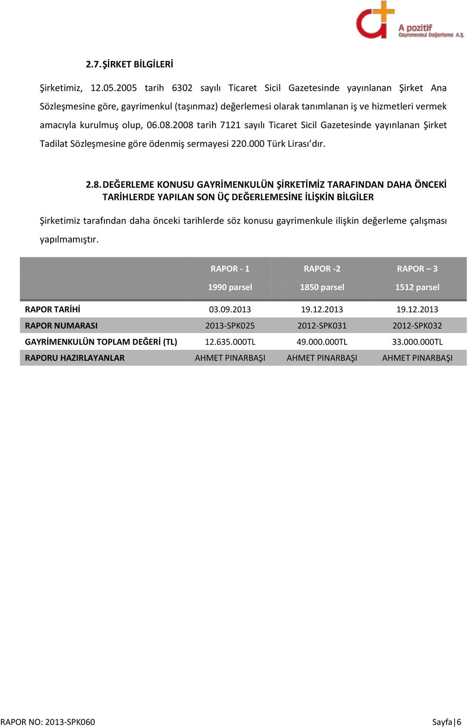 2008 tarih 7121 sayılı Ticaret Sicil Gazetesinde yayınlanan Şirket Tadilat Sözleşmesine göre ödenmiş sermayesi 220.000 Türk Lirası dır. 2.8. DEĞERLEME KONUSU GAYRİMENKULÜN ŞİRKETİMİZ TARAFINDAN DAHA