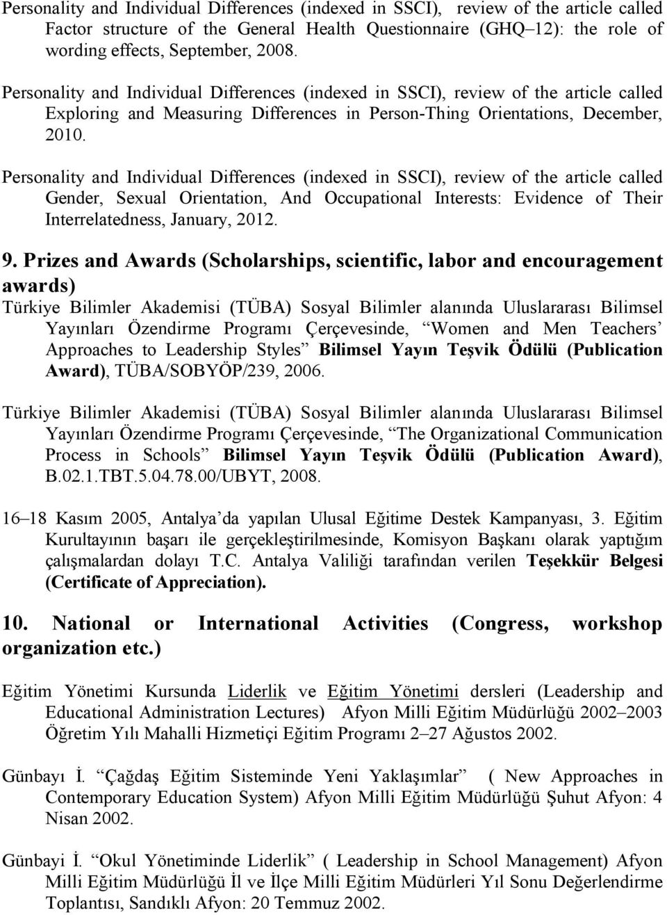 Personality and Individual Differences (indexed in SSCI), review of the article called Gender, Sexual Orientation, And Occupational Interests: Evidence of Their Interrelatedness, January, 2012. 9.