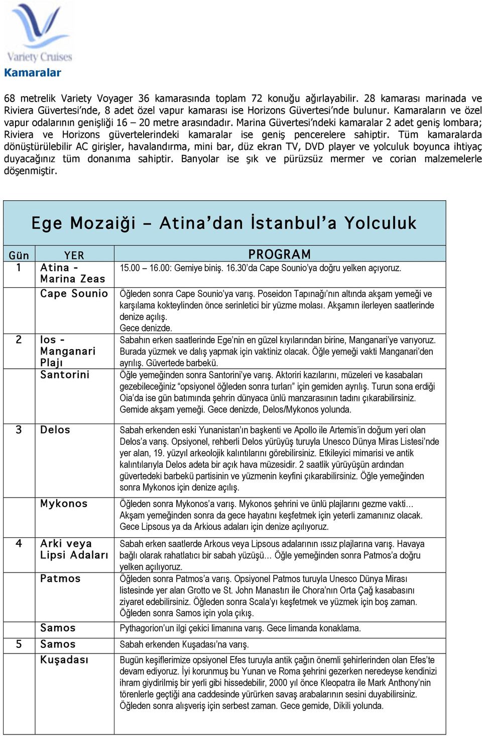 Marina Güvertesi ndeki kamaralar 2 adet geniş lombara; Riviera ve Horizons güvertelerindeki kamaralar ise geniş pencerelere sahiptir.