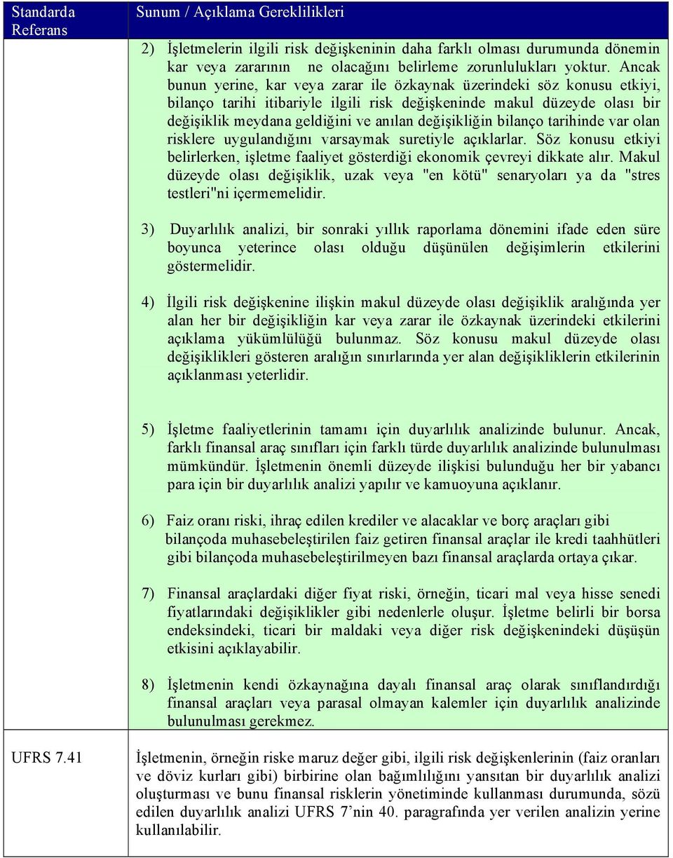 değişikliğin bilanço tarihinde var olan risklere uygulandığını varsaymak suretiyle açıklarlar. Söz konusu etkiyi belirlerken, işletme faaliyet gösterdiği ekonomik çevreyi dikkate alır.