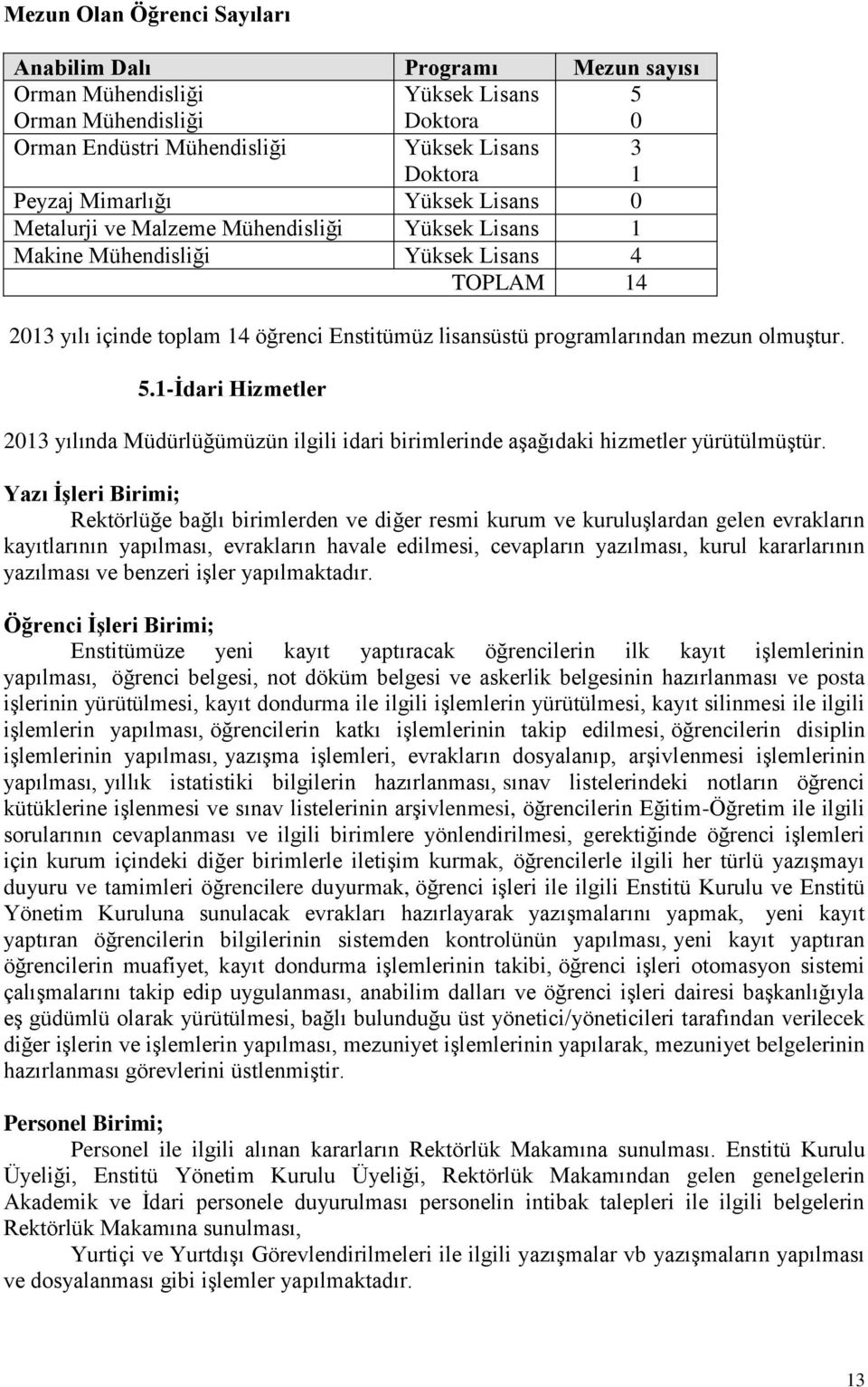 5.1-Ġdari Hizmetler 2013 yılında Müdürlüğümüzün ilgili idari birimlerinde aģağıdaki hizmetler yürütülmüģtür.