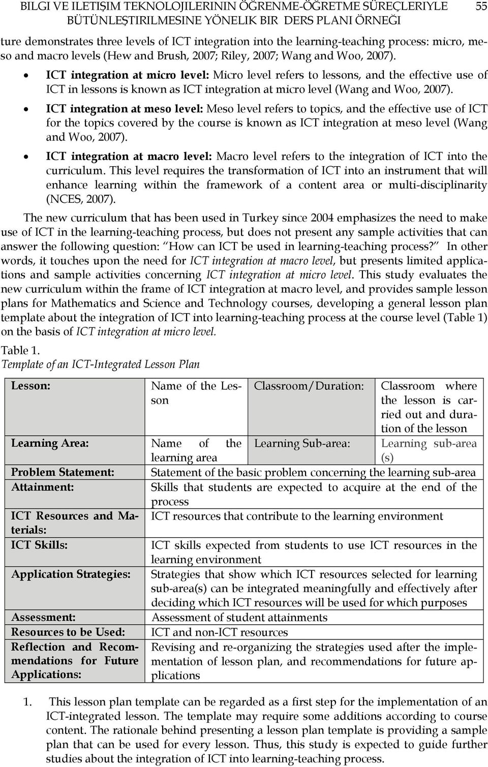 ICT integration at micro level: Micro level refers to lessons, and the effective use of ICT in lessons is known as ICT integration at micro level (Wang and Woo, 2007).