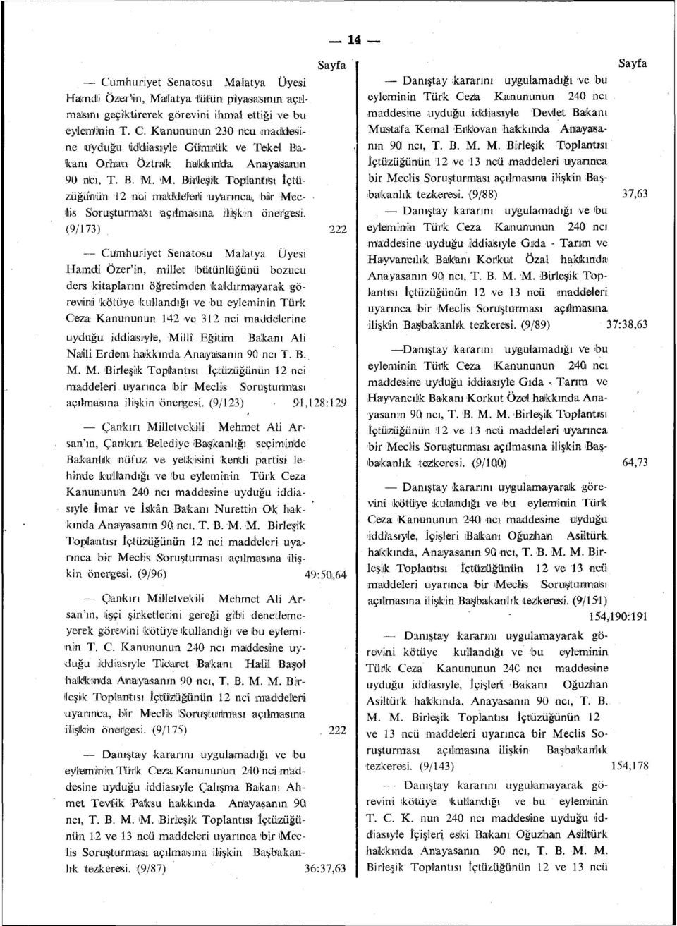 (9/173) 222 Cumhuriyet Senatosu Malatya Üyesi Hamdi Özer'in, millet bütünlüğünü bozucu ders kitaplarını öğretimden kaldırmayarak görevini (kötüye kullandığı Ve bu eyleminin Türk Ceza Kanununun 142 ve