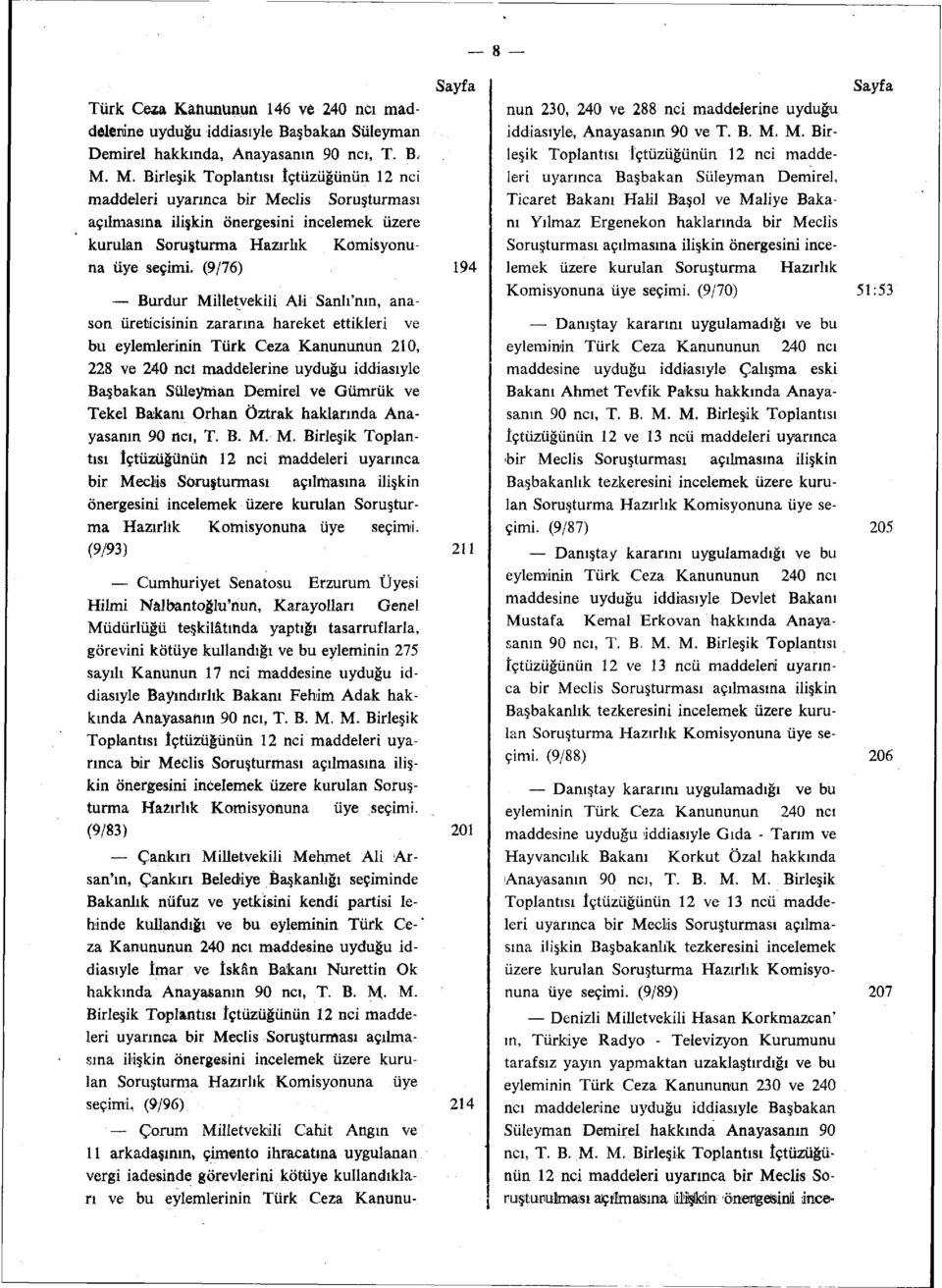 (9/76) 194 Burdur Milletvekili Ali Sanlı'nın, anason üreticisinin zararına hareket ettikleri ve bu eylemlerinin Türk Ceza Kanununun 210, 228 ve 240 ncı maddelerine uyduğu iddiasıyle Başbakan Süleyman