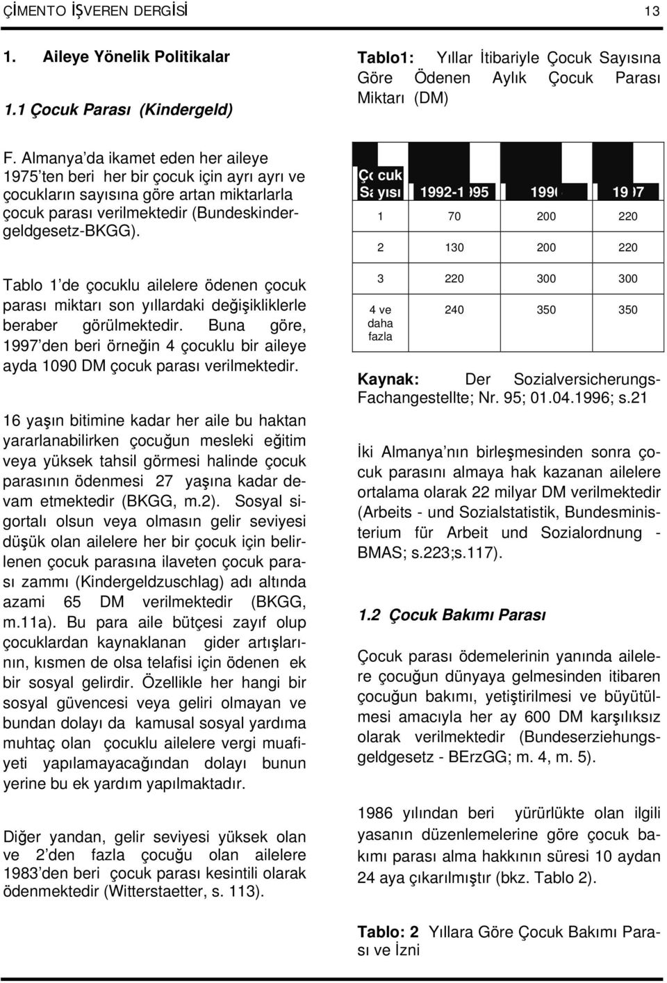 Tablo 1 de çocuklu ailelere ödenen çocuk parası miktarı son yıllardaki değişikliklerle beraber görülmektedir.