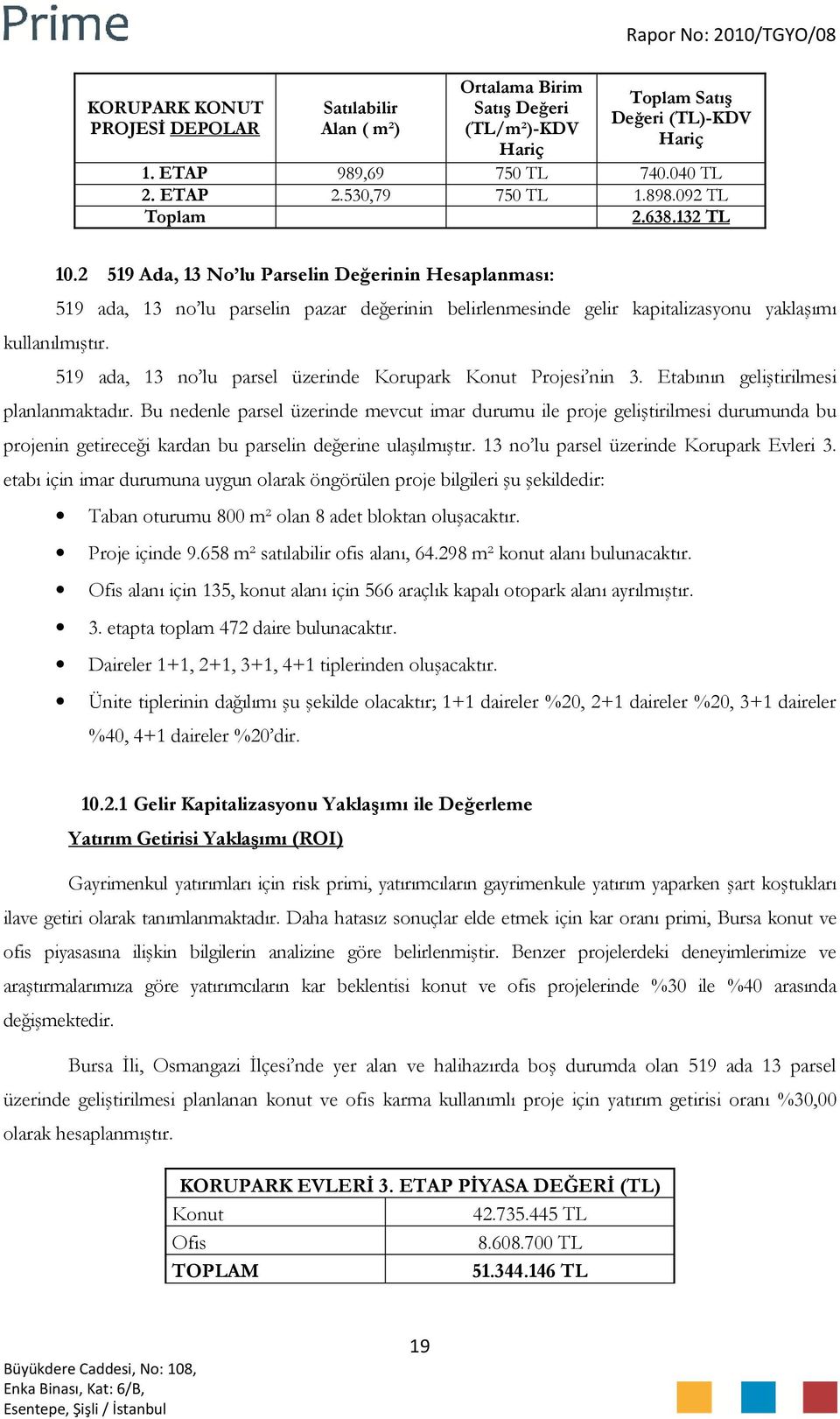 2 519 Ada, 13 No lu Parselin Değerinin Hesaplanması: 519 ada, 13 no lu parselin pazar değerinin belirlenmesinde gelir kapitalizasyonu yaklaşımı kullanılmıştır.