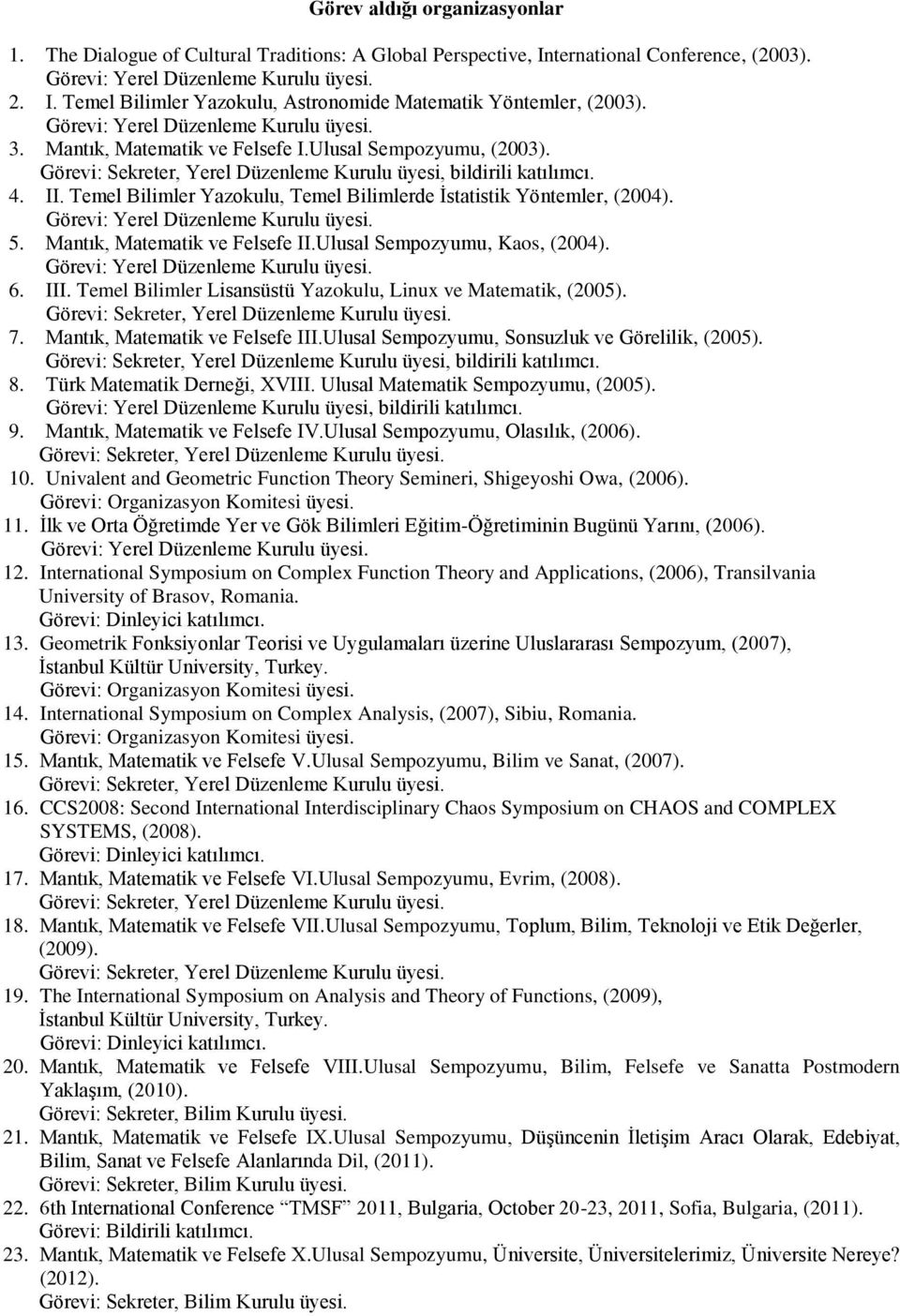 Temel Bilimler Yazokulu, Temel Bilimlerde İstatistik Yöntemler, (2004). 5. Mantık, Matematik ve Felsefe II.Ulusal Sempozyumu, Kaos, (2004). 6. III.