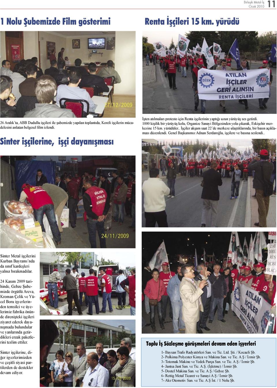 Sinter işçilerine, işçi dayanışması İşten atılmaları protesto için Renta işçilerinin yaptığı uzun yürüyüş ses getirdi.