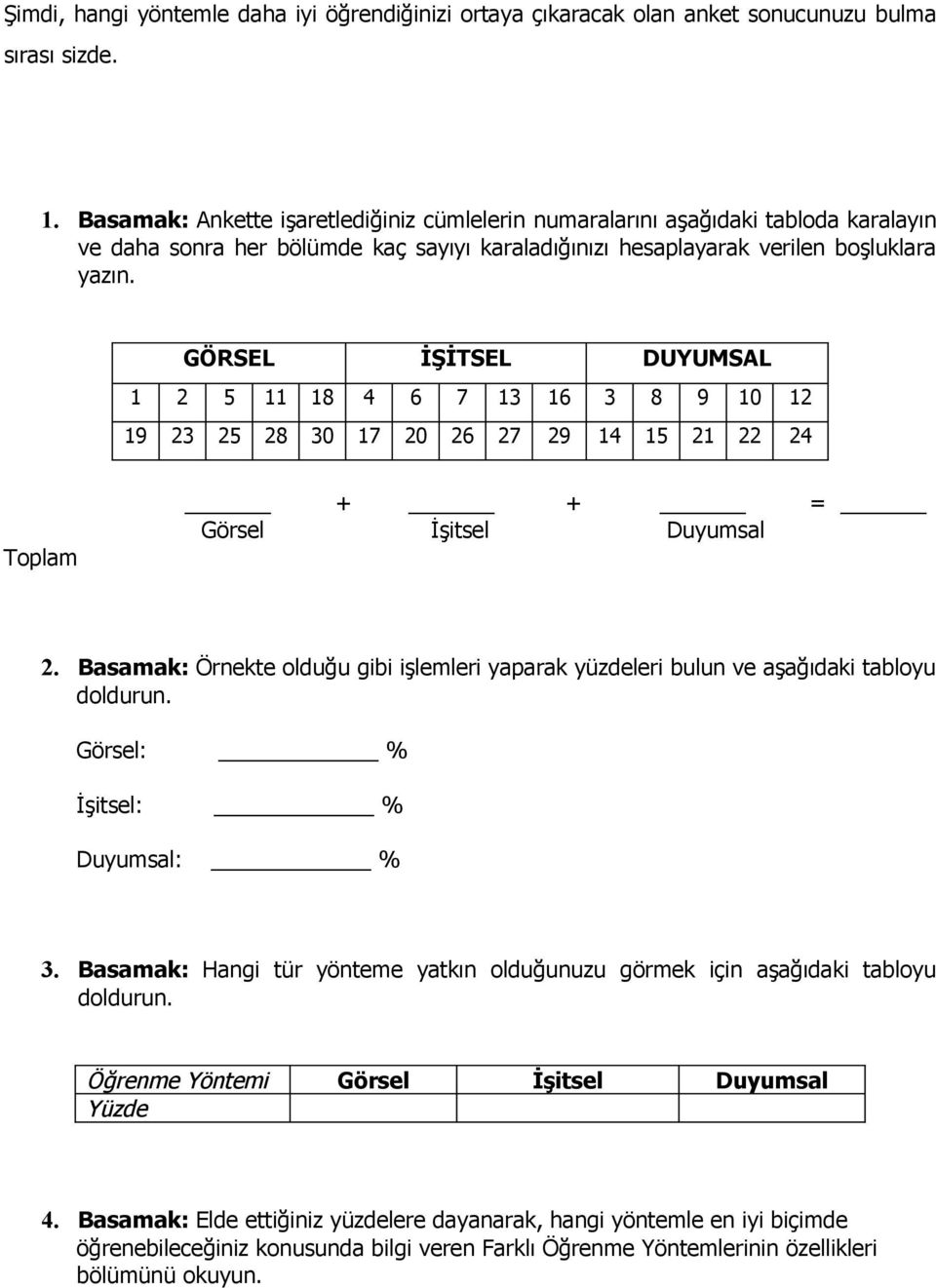 GÖRSEL İŞİTSEL DUYUMSAL 1 2 5 11 18 4 6 7 13 16 3 8 9 10 12 19 23 25 28 30 17 20 26 27 29 14 15 21 22 24 Toplam + + = Görsel İşitsel Duyumsal 2.