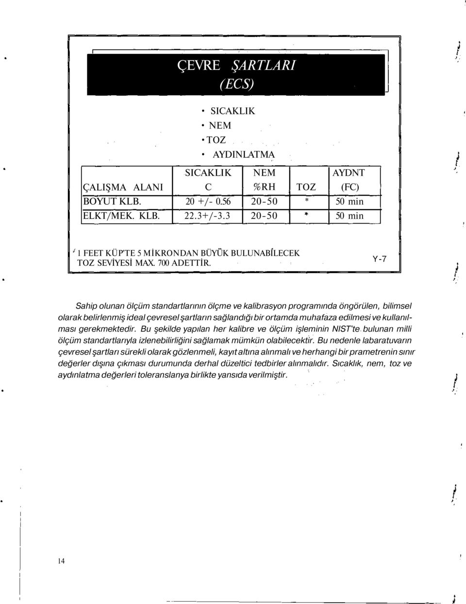 Y-7 Sahip olunan ölçüm standartlarının ölçme ve kalibrasyon programında öngörülen, bilimsel olarak belirlenmiş ideal çevresel şartların sağlandığı bir ortamda muhafaza edilmesi ve kullanılması