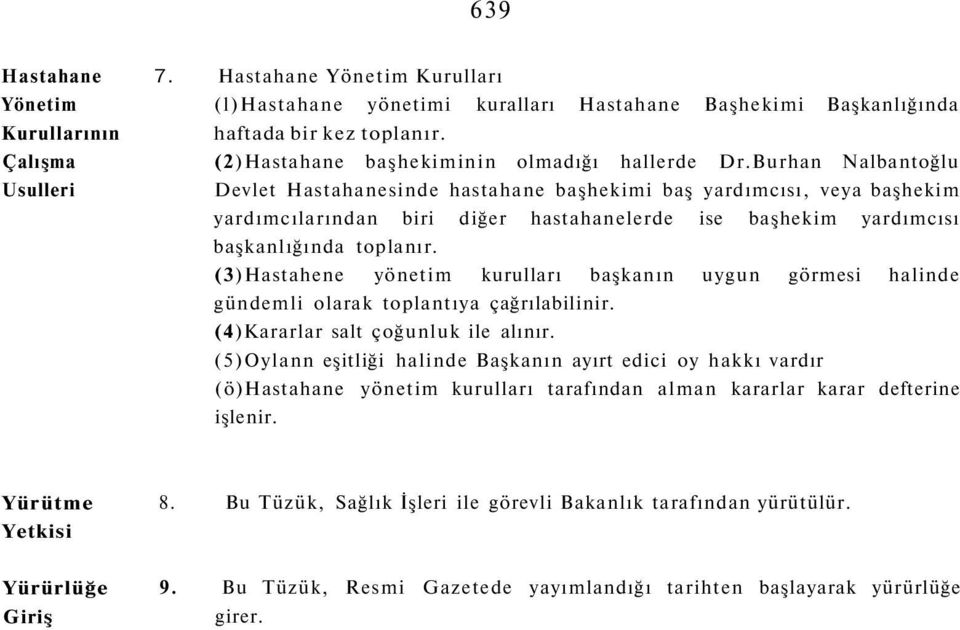 Burhan Nalbantoğlu Usulleri Devlet Hastahanesinde hastahane başhekimi baş yardımcısı, veya başhekim yardımcılarından biri diğer hastahanelerde ise başhekim yardımcısı başkanlığında toplanır.