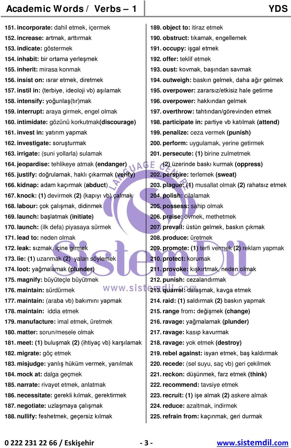 intimidate: gözünü korkutmak(discourage) 161. invest in: yatırım yapmak 162. investigate: soruşturmak 163. irrigate: (suni yollarla) sulamak 164. jeopardise: tehlikeye atmak (endanger) 165.