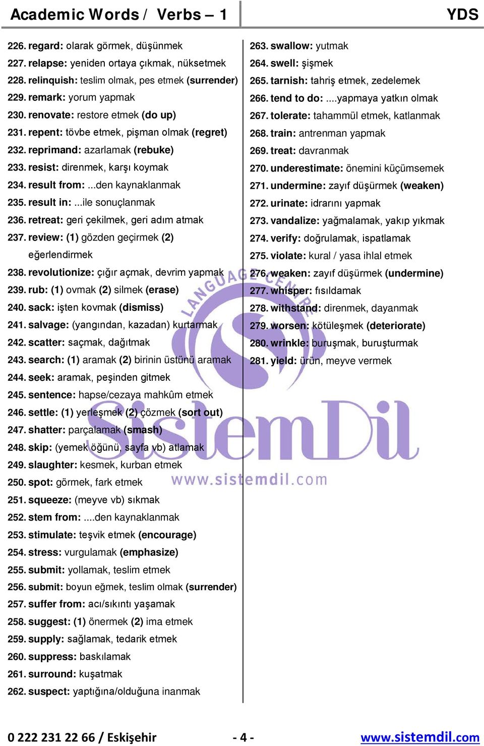 result in:...ile sonuçlanmak 236. retreat: geri çekilmek, geri adım atmak 237. review: (1) gözden geçirmek (2) eğerlendirmek 238. revolutionize: çığır açmak, devrim yapmak 239.