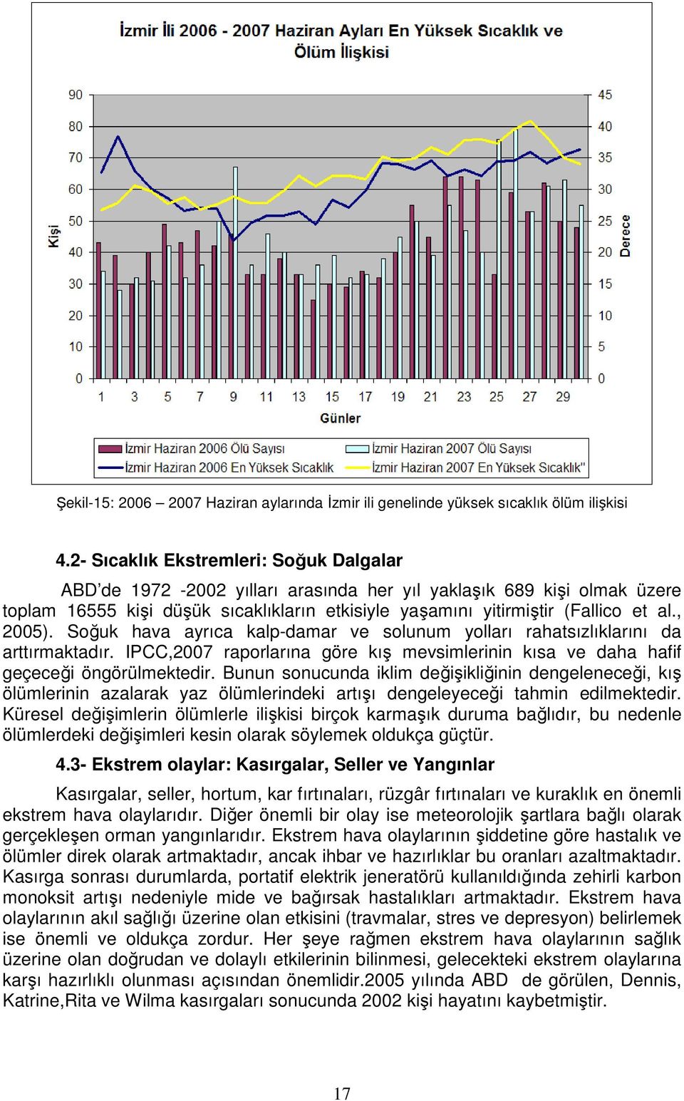 , 2005). Soğuk hava ayrıca kalp-damar ve solunum yolları rahatsızlıklarını da arttırmaktadır. IPCC,2007 raporlarına göre kış mevsimlerinin kısa ve daha hafif geçeceği öngörülmektedir.