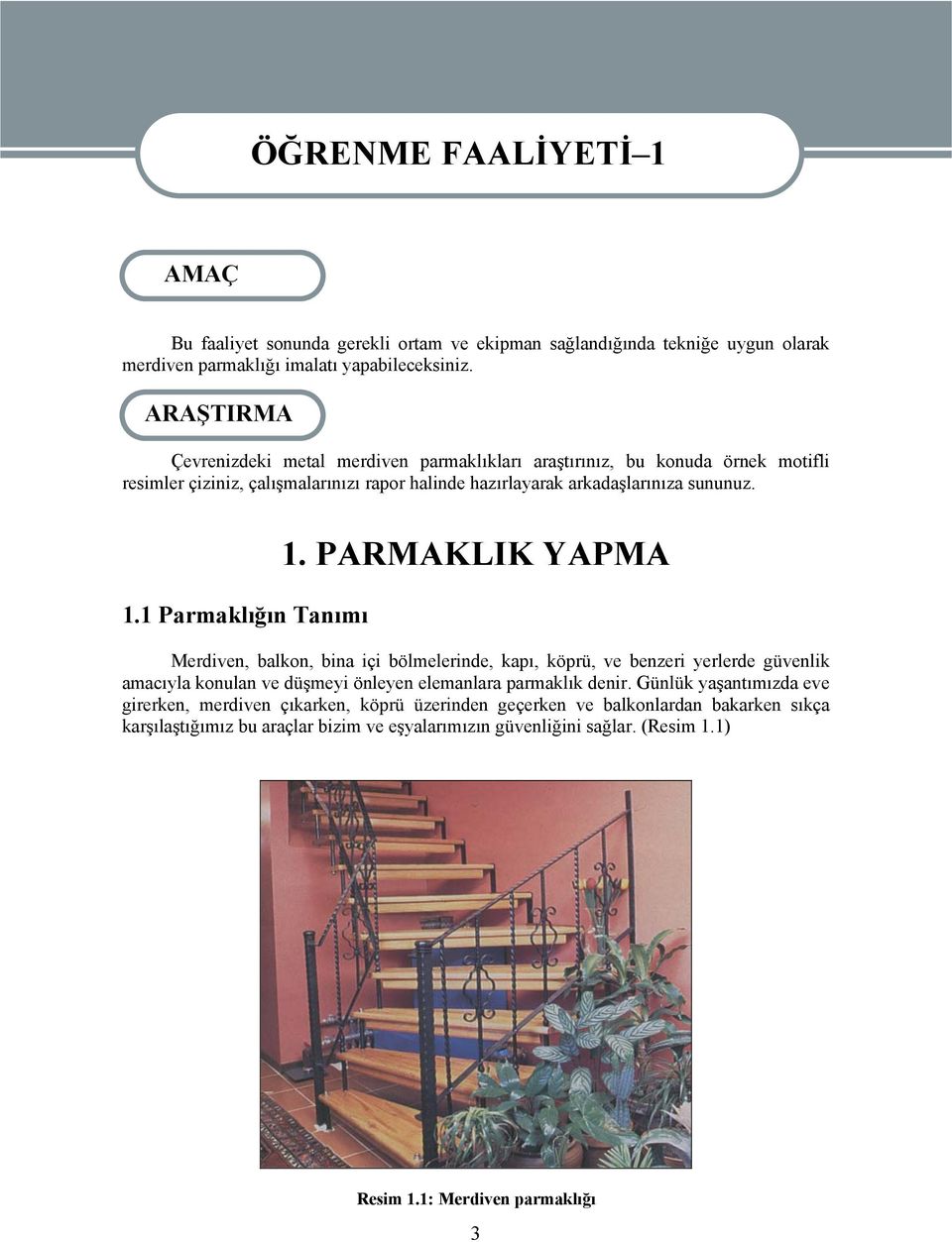 1 Parmaklığın Tanımı 1. PARMAKLIK YAPMA Merdiven, balkon, bina içi bölmelerinde, kapı, köprü, ve benzeri yerlerde güvenlik amacıyla konulan ve düşmeyi önleyen elemanlara parmaklık denir.