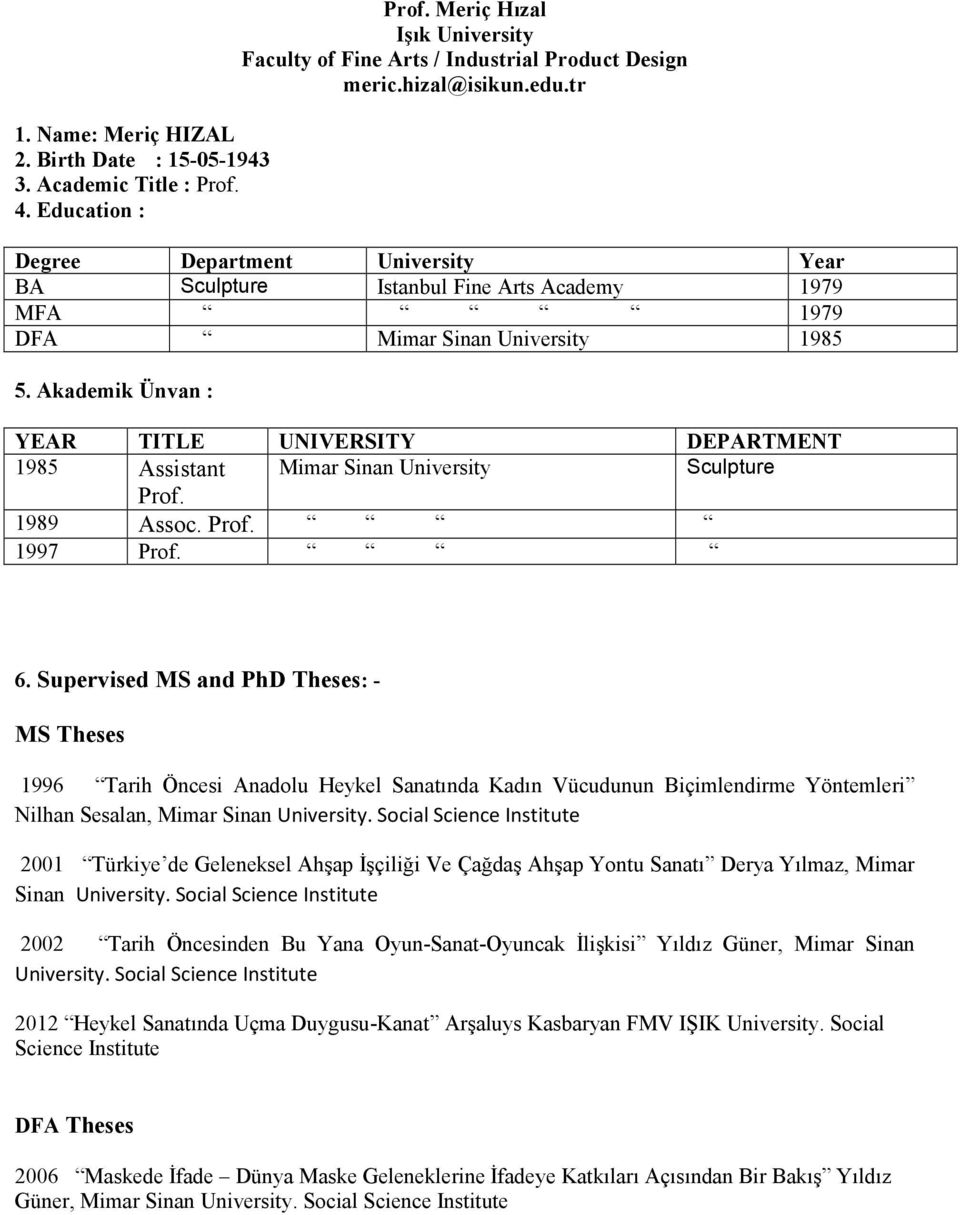 Akademik Ünvan : YEAR TITLE UNIVERSITY DEPARTMENT 1985 Assistant Mimar Sinan University Sculpture Prof. 1989 Assoc. Prof. 1997 Prof. 6.