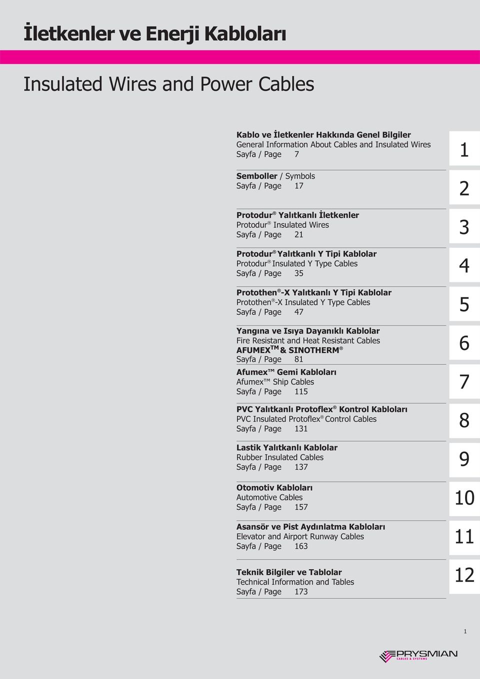 Tipi Kablolar Protothen X Insulated Y Type Cables Sayfa / Page 47 Yangýna ve Isýya Dayanýklý Kablolar Fire Resistant and Heat Resistant Cables AFUMEX TM & SINOTHERM Sayfa / Page 81 Afumex Gemi