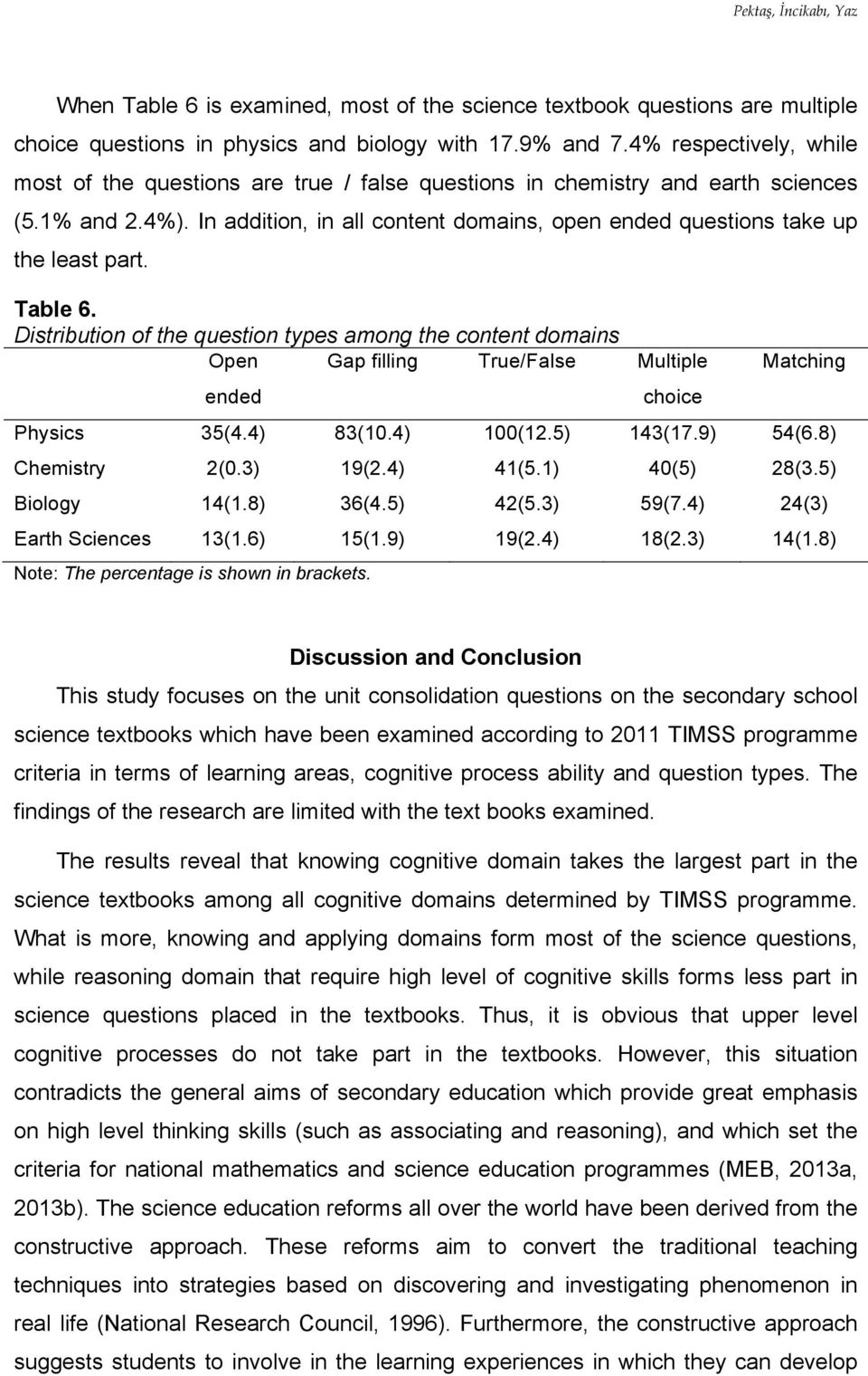 In addition, in all content domains, open ended questions take up the least part. Table 6.