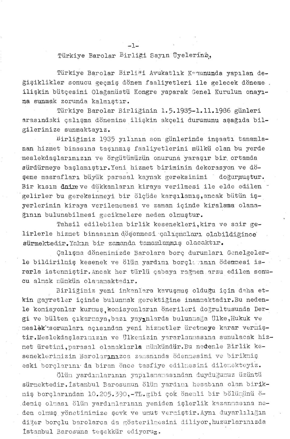 .1986 günleri arasnd::ki çalşma dönemine ilişkin akçeli durumunu aşağda bilgilerinize sunmaktayz.