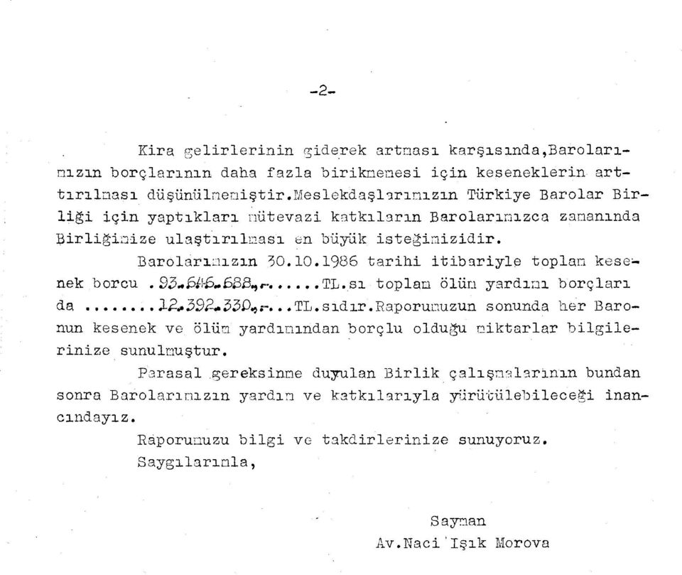 1986 tarihi itibariyle toplan kese~ nek borcu 93.. ism3.. 6B8.,.- TL. s toplan ölün yardn borçlar da :;Lh 391?-.. 330.,.- TL. s dr.