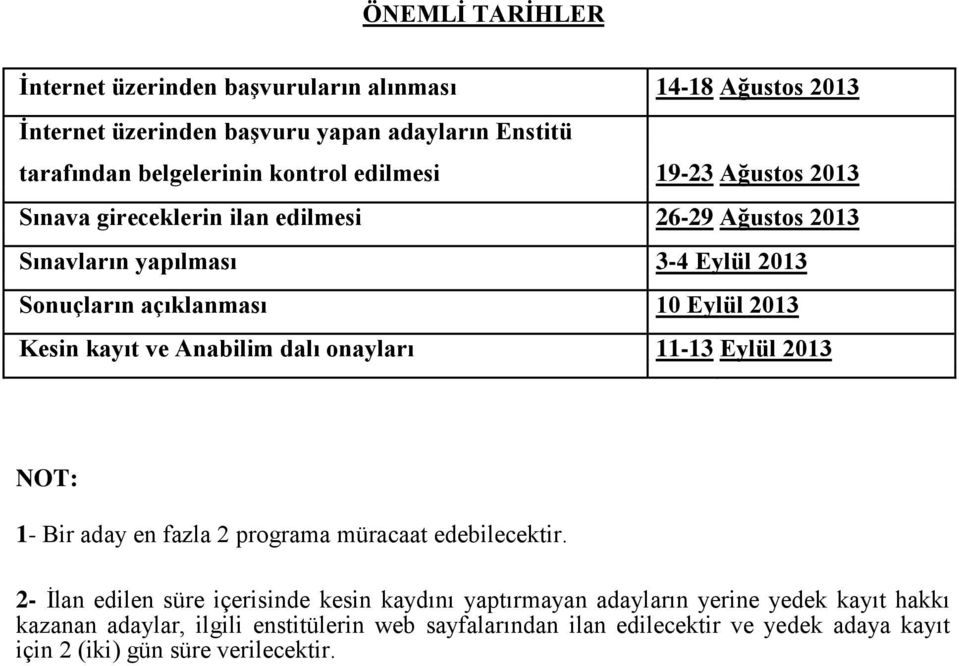 kayıt ve Anabilim dalı onayları 11-13 Eylül 2013 NOT: 1- Bir aday en fazla 2 programa müracaat edebilecektir.