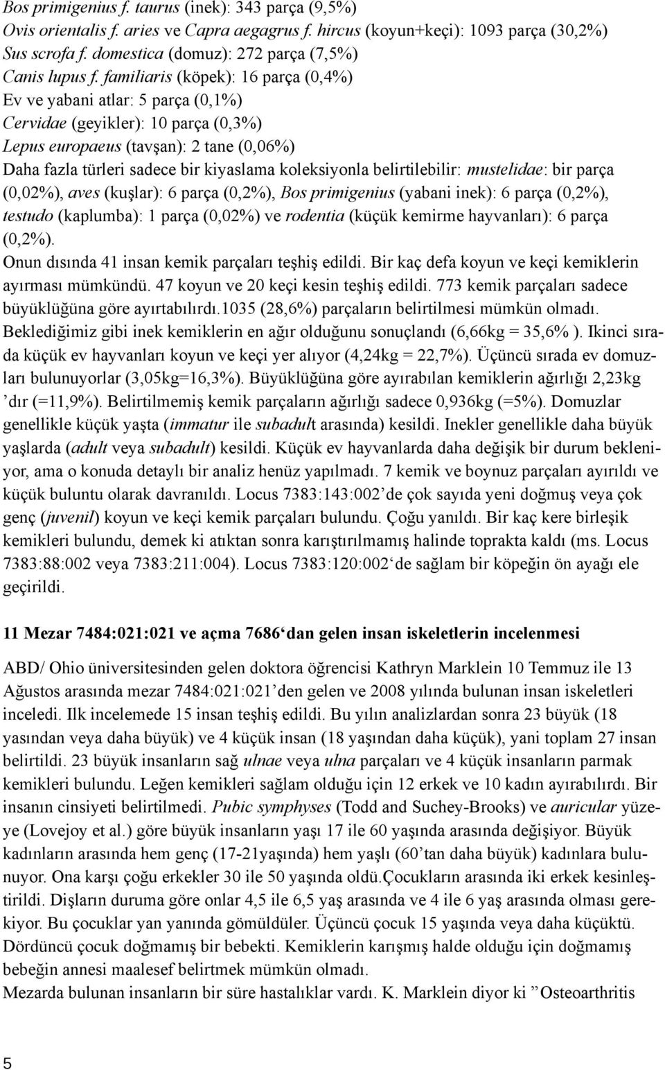 familiaris (köpek): 16 parça (0,4%) Ev ve yabani atlar: 5 parça (0,1%) Cervidae (geyikler): 10 parça (0,3%) Lepus europaeus (tavşan): 2 tane (0,06%) Daha fazla türleri sadece bir kiyaslama