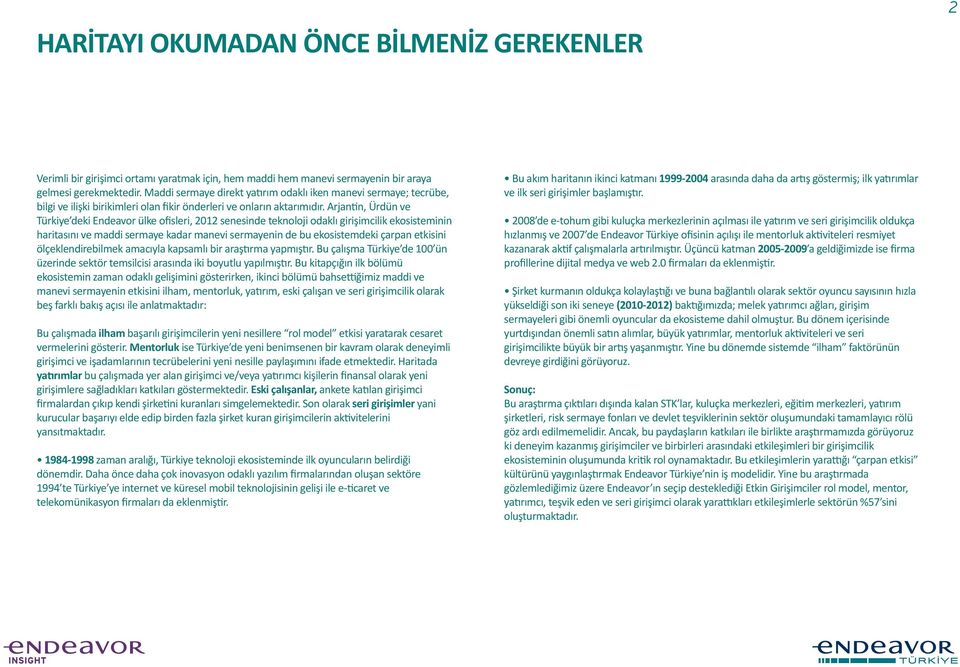 Arjantin, Ürdün ve Türkiye deki Endeavor ülke ofisleri, 2012 senesinde teknoloji odaklı girişimcilik ekosisteminin haritasını ve maddi sermaye kadar manevi sermayenin de bu ekosistemdeki çarpan