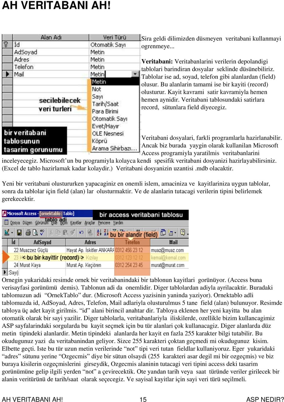 Veritabani tablosundaki satirlara record, sütunlara field diyecegiz. Veritabani dosyalari, farkli programlarla hazirlanabilir.