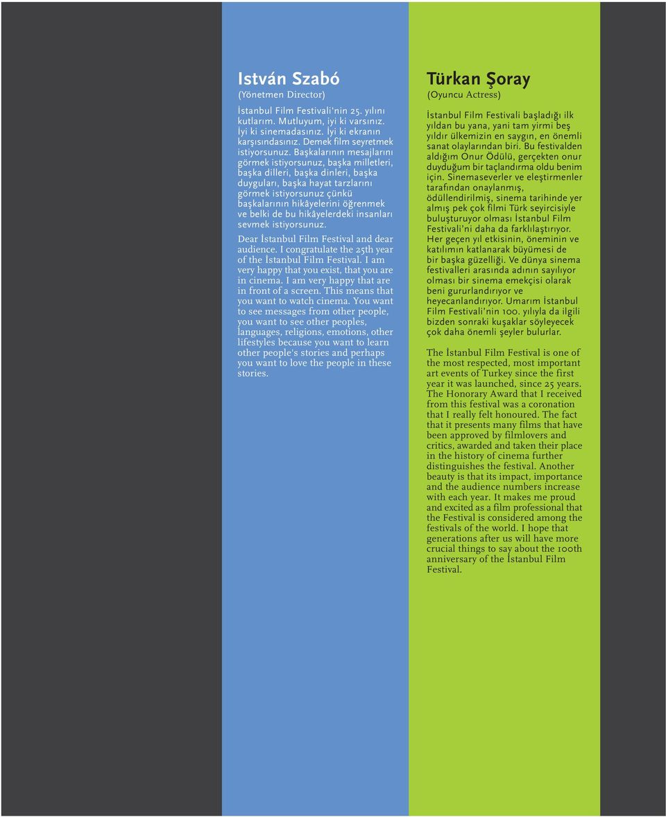ve belki de bu hikâyelerdeki insanlar sevmek istiyorsunuz. Dear stanbul Film Festival and dear audience. I congratulate the 25th year of the stanbul Film Festival.