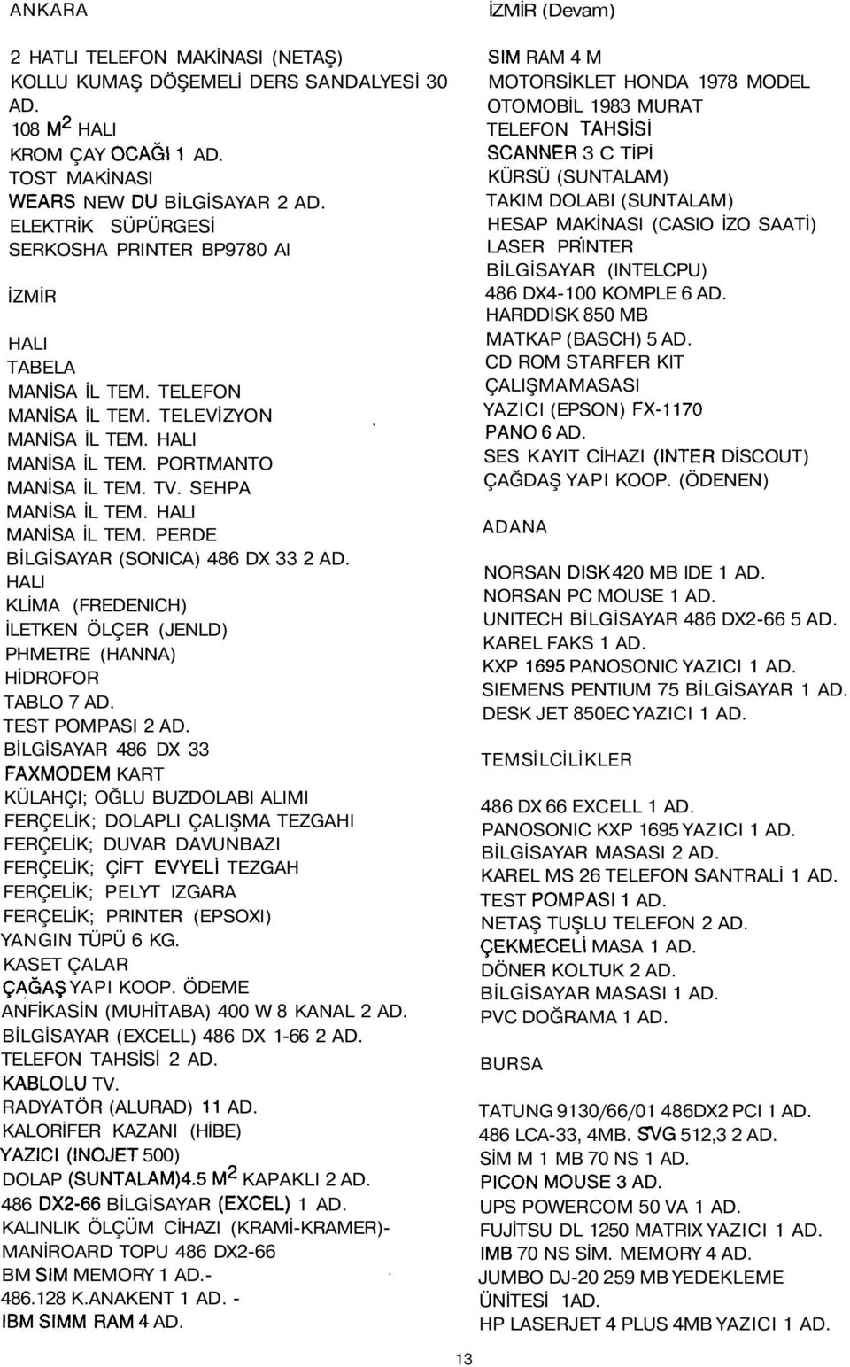 HALI MANİSA İL TEM. PERDE BİLGİSAYAR (SONICA) 486 DX 33 2 AD. HALI KLİMA (FREDENICH) İLETKEN ÖLÇER (JENLD) PHMETRE (HANNA) HİDROFOR TABLO 7 AD. TEST POMPASI 2 AD.