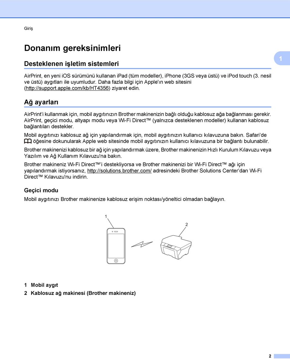 Ağ ayarları AirPrint i kullanmak için, mobil aygıtınızın Brother makinenizin bağlı olduğu kablosuz ağa bağlanması gerekir.