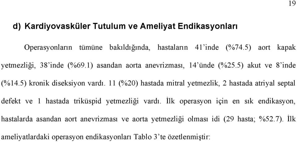 11 (%20) hastada mitral yetmezlik, 2 hastada atriyal septal defekt ve 1 hastada triküspid yetmezliği vardı.