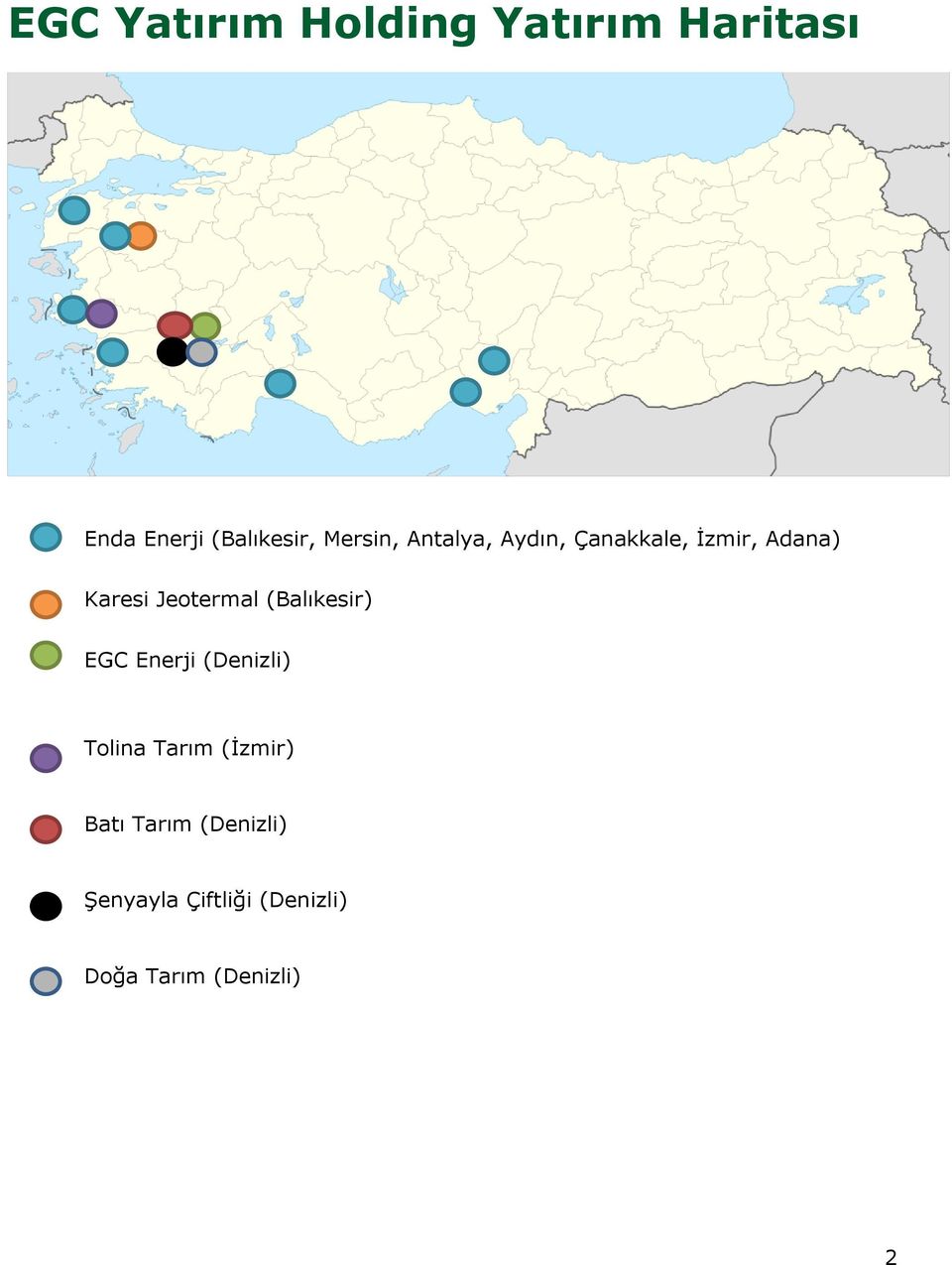 Jeotermal (Balıkesir) EGC Enerji (Denizli) Tolina Tarım