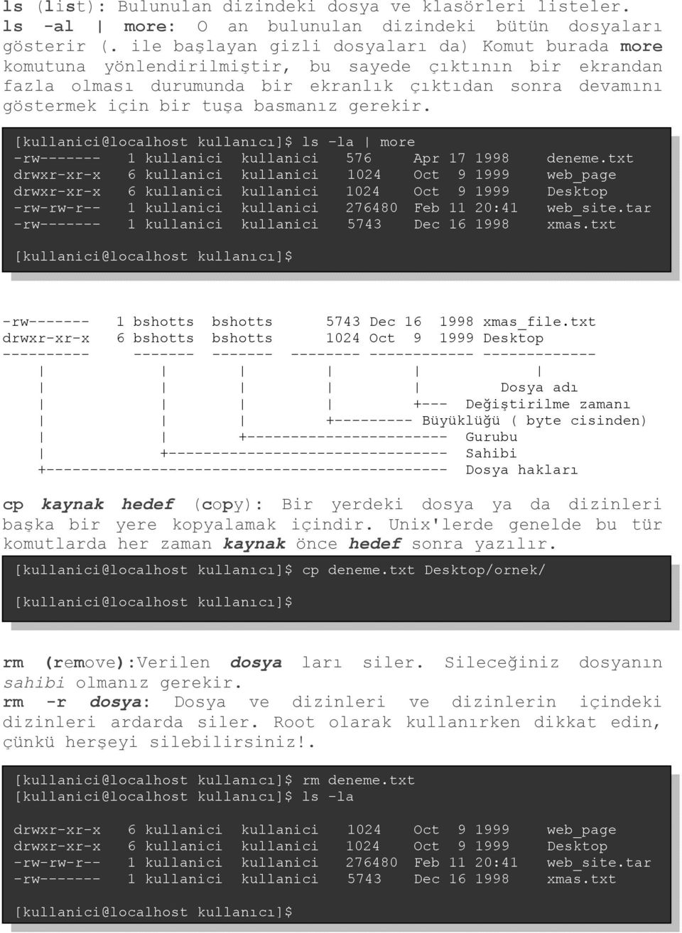 basmanız gerekir. ls la more -rw------- 1 kullanici kullanici 576 Apr 17 1998 deneme.txt -rw------- 1 bshotts bshotts 5743 Dec 16 1998 xmas_file.
