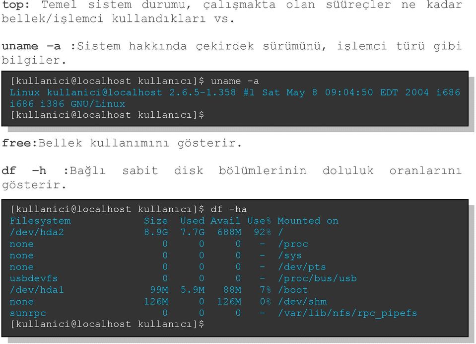 358 #1 Sat May 8 09:04:50 EDT 2004 i686 i686 i386 GNU/Linux free:bellek kullanımını gösterir. df h :Bağlı sabit disk bölümlerinin doluluk oranlarını gösterir.