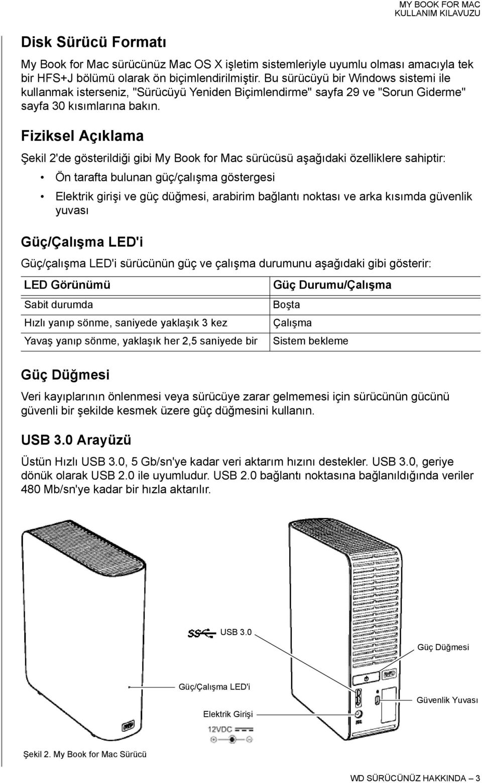 Fiziksel Açıklama Şekil 2'de gösterildiği gibi My Book for Mac sürücüsü aşağıdaki özelliklere sahiptir: Ön tarafta bulunan güç/çalışma göstergesi Elektrik girişi ve güç düğmesi, arabirim bağlantı